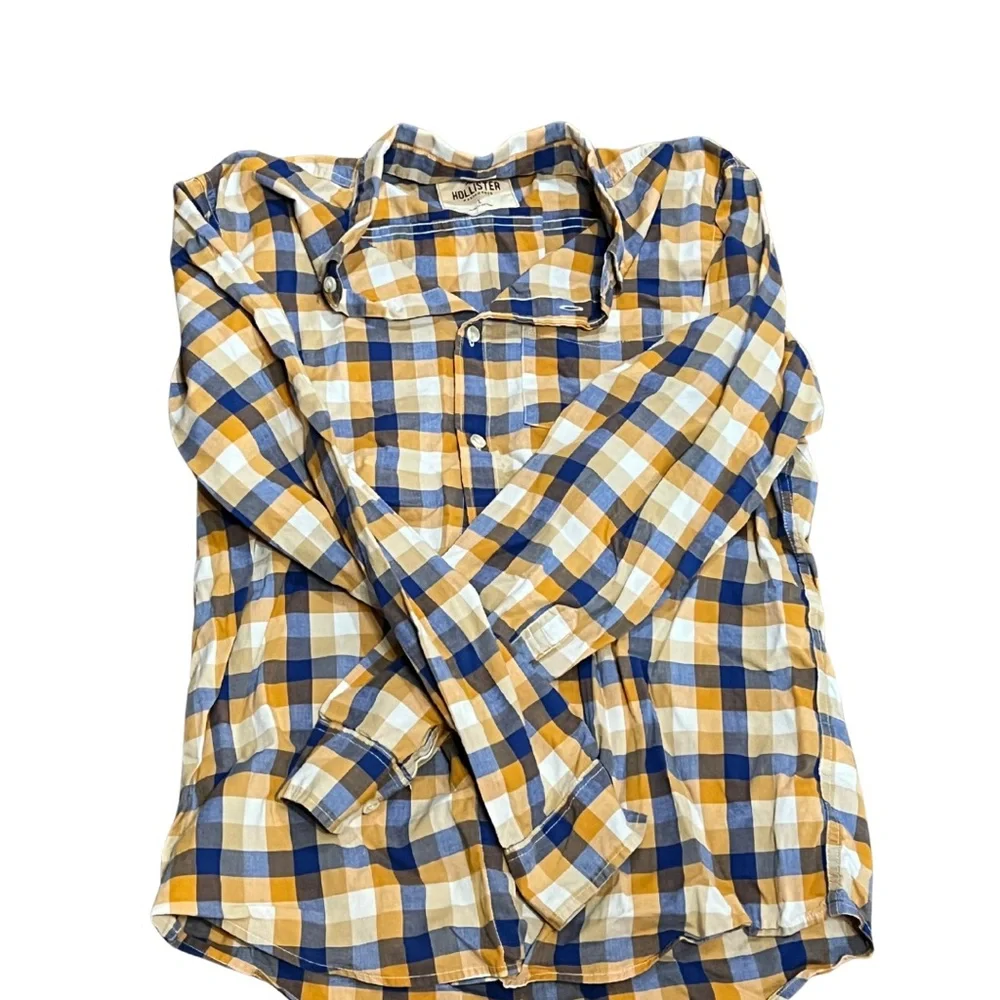 Hollister Stretch‎ Plaid Button‑Up Mens L Slim Fit Blue White Yellow - Picture 3 of 14
